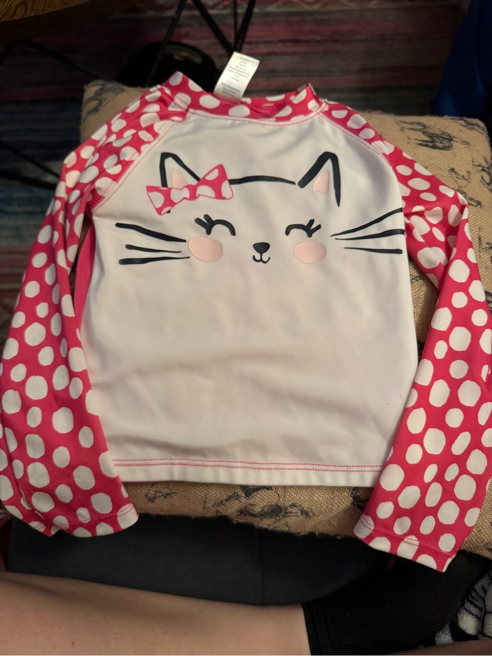 Gymboree Girls Rash Guard Swim Shirt 4T Pink/White Polka Dot Cat Bow LS